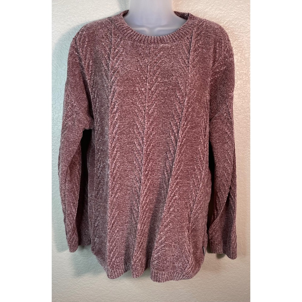 Orvis Womens Large Sweater Mauve Pink Chenille Cable Knit Crew Neck Pullover